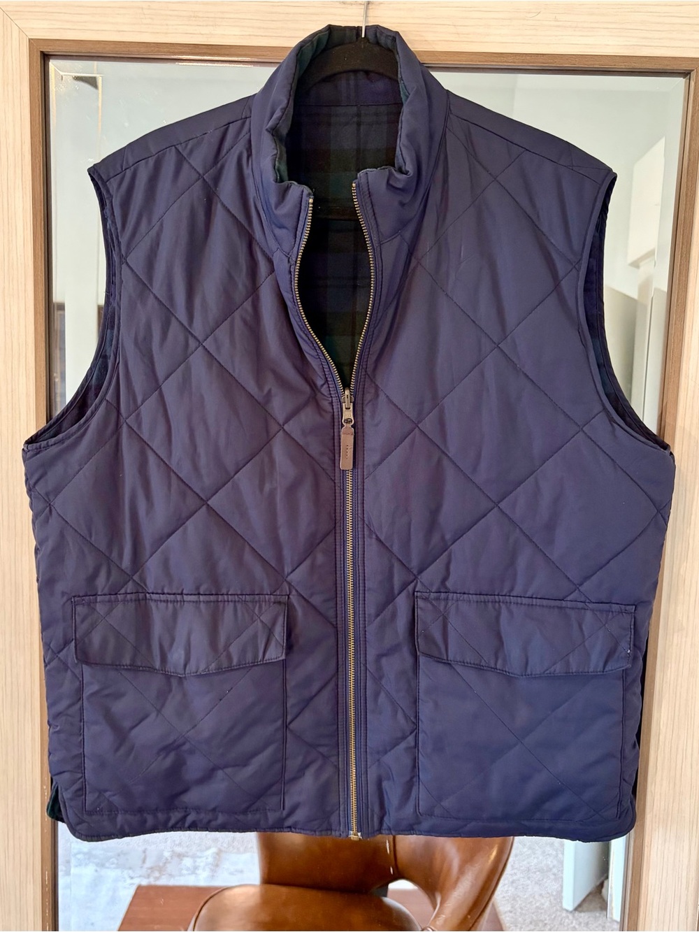 J. Crew Reversible Quilted Vest Men Size XL Pockets Sleeveless Green Blue Tartan
